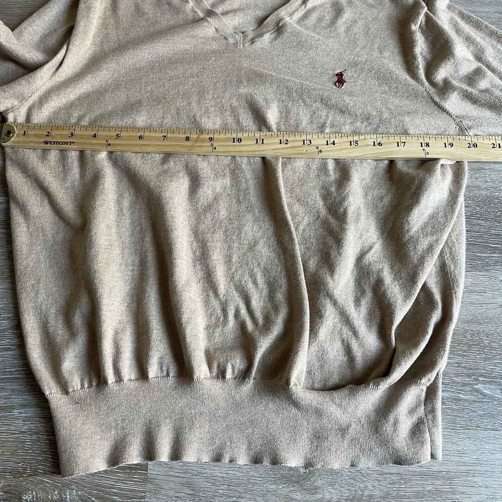 Vintage Polo Ralph Lauren V-Neck Pima Cotton Men's Sweater Large Camel Red Pony